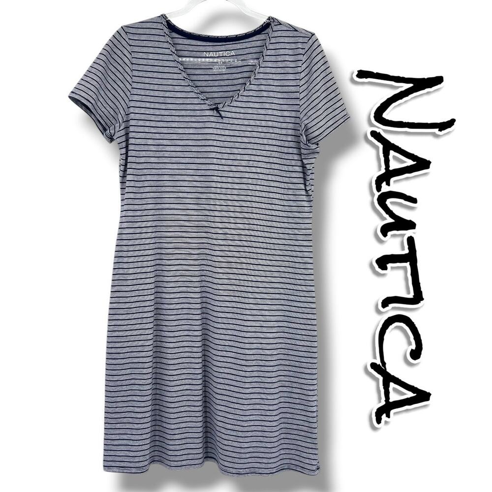 Nautica Striped T-Shirt Dress Navy White A-Line Soft Knit L Coastal Comfy Preppy